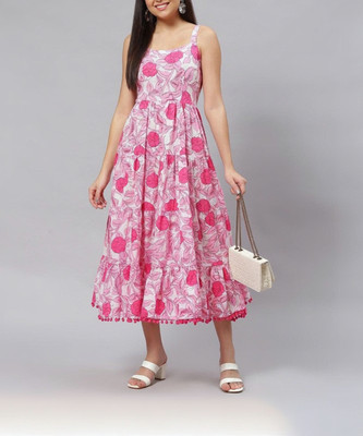 Demirner Women Fit and Flare Pink Midi/Calf Length Dress