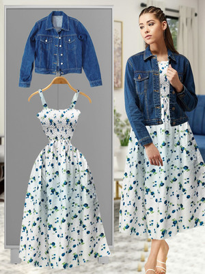 LEETOS Women Fit and Flare Dark Blue, White, Blue Midi/Calf Length Dress