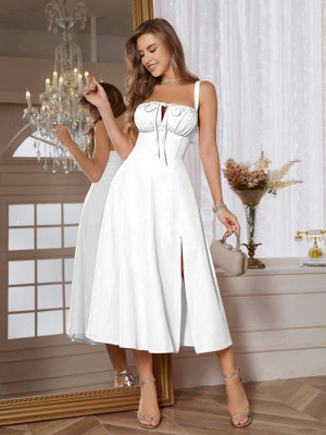 Aahwan Women Fit and Flare White Midi/Calf Length Dress