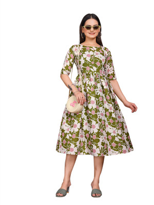 kareena fashion Women A-line Green Midi/Calf Length Dress