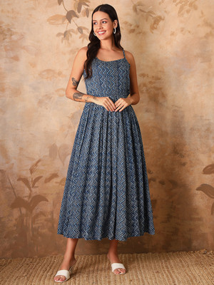 Gulabi Jaipur Women A-line Blue Maxi/Full Length Dress