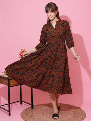Seek By Sheetal Women Fit and Flare Brown Below Knee Dress