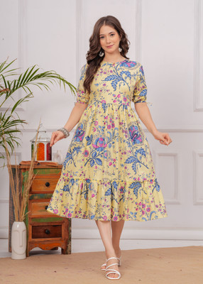 TEESHA Women Fit and Flare Yellow Below Knee Dress