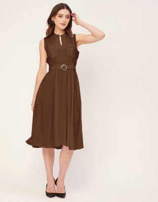moomaya Women Fit and Flare Brown Midi/Calf Length Dress