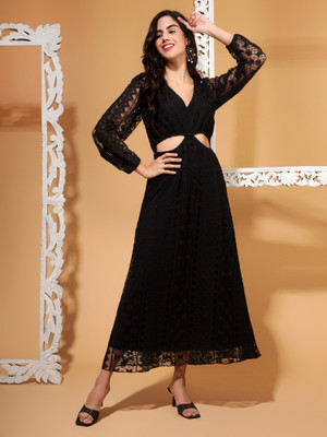 DRAPE AND DAZZLE Women Fit and Flare Black Midi/Calf Length Dress