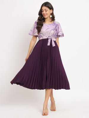 OTABU Women Fit and Flare Beige, Purple Midi/Calf Length Dress