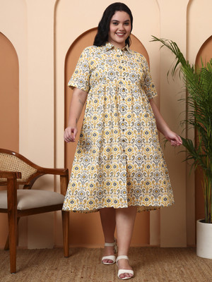 Yash Gallery Women Fit and Flare Yellow Midi/Calf Length Dress