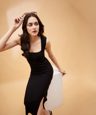 SASSAFRAS Women Bodycon Black Midi/Calf Length Dress