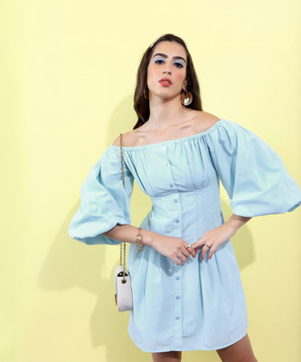Tokyo Talkies Women Fit and Flare Light Blue Above Knee/Mid Thigh Length Dress