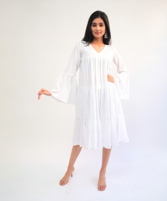 diyaz Women Fit and Flare White Midi/Calf Length Dress