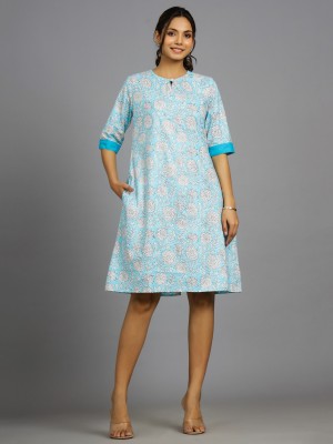 Ravaiyaa - Attitude Is Everything Women Fit and Flare Light Blue, White Dress