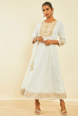 soch Women Ethnic Dress White, Gold Midi/Calf Length Dress