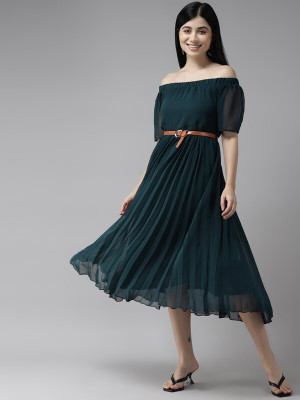 Aarika Women Fit and Flare Dark Green Midi/Calf Length Dress