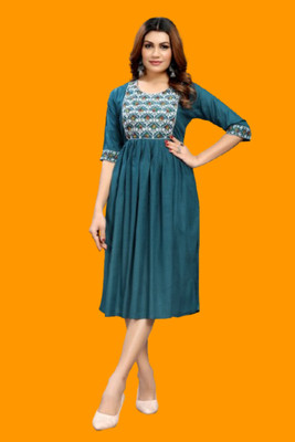 DICHIKA Fashion Women Fit and Flare Dark Blue, White Midi/Calf Length Dress