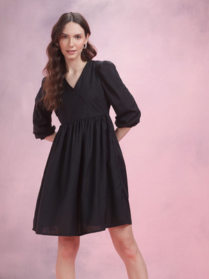 Dressberry Women A-line Black Above Knee/Mid Thigh Length Dress