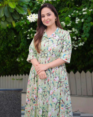 MISS AYSE Women Fit and Flare Light Green Maxi/Full Length Dress
