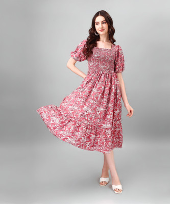 Jash Creation Women Fit and Flare Pink Midi/Calf Length Dress