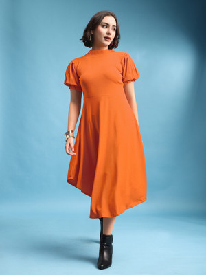 PURVAJA Women Asymmetric Orange Below Knee Dress