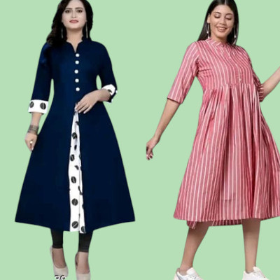 Texpamz Women Striped A-line Kurta(Blue, Pink)