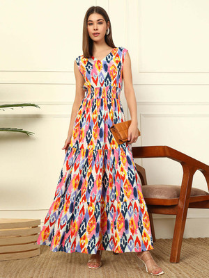 Raiyani Enterprise Women Fit and Flare Multicolor Maxi/Full Length Dress