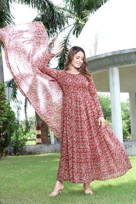 Yogiraj Enterprise Women Fit and Flare Pink, White Maxi/Full Length Dress