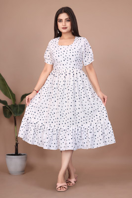 HIT FASHION HUB Women Fit and Flare White Midi/Calf Length Dress