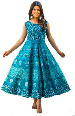 ANUNJA Women Fit and Flare Light Blue Maxi/Full Length Dress