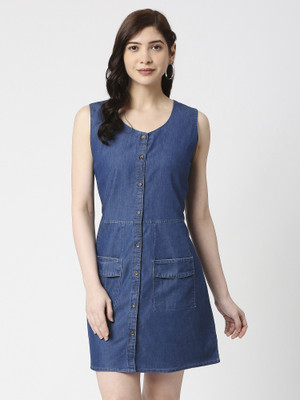 CEFALU Women Pinafore Dark Blue Above Knee/Mid Thigh Length Dress