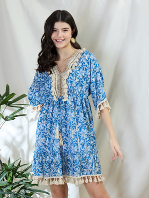 DRAPE AND DAZZLE Women Fit and Flare Blue Above Knee/Mid Thigh Length Dress