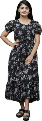 Parth Creation Women Fit and Flare Black Midi/Calf Length Dress