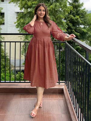 Janasya Women Fit and Flare Brown Midi/Calf Length Dress