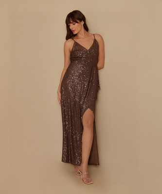 KAZO Women Bodycon Brown Maxi/Full Length Dress