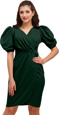 A To Z Cart Women Wrap Green Above Knee/Mid Thigh Length Dress