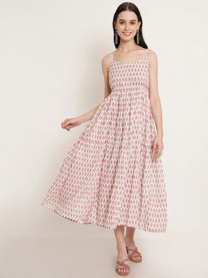 JAPER KURTI Women Fit and Flare Pink, White Midi/Calf Length Dress