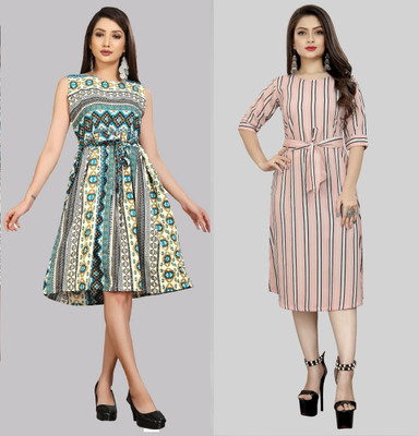 Hiral Creation Women Fit and Flare Pink Knee Length Dress