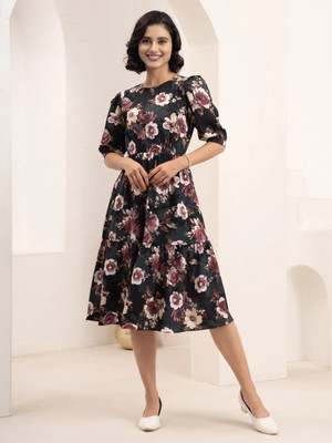 AASK Women Tiered Multicolor Midi/Calf Length Dress
