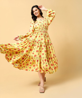 SHOWOFFFF Women Fit and Flare Yellow Midi/Calf Length Dress