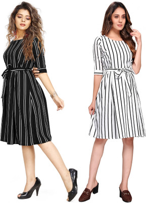 Rinra Women Fit and Flare White, Black Knee Length Dress