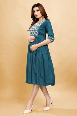 ShopGlobal Women Fit and Flare Dark Blue, White Midi/Calf Length Dress