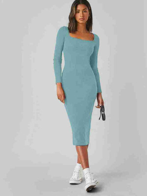 SWEVENFASHION Women Bodycon Light Blue Midi/Calf Length Dress
