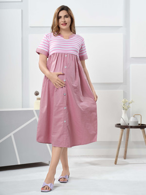 EASYMOM Women Fit and Flare Purple Ankle Length Dress