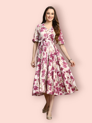 HouseOfCommon Women Fit and Flare Multicolor Below Knee Dress