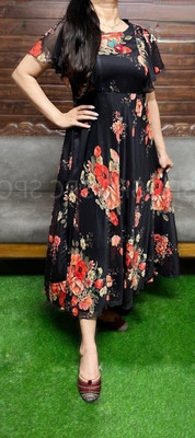 Herway Women Fit and Flare Black Maxi/Full Length Dress