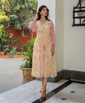 Janasya Women Fit and Flare Yellow Midi/Calf Length Dress