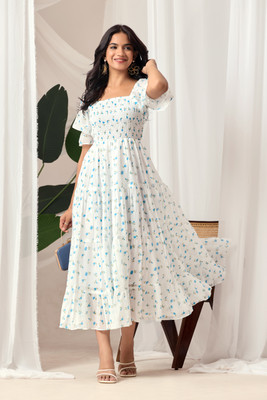 IRONIC CREATION Women Fit and Flare White Midi/Calf Length Dress