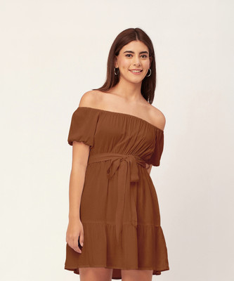 moomaya Women Gathered Brown Above Knee/Mid Thigh Length Dress