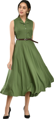 Rudraaksha Women Fit and Flare Green Above Knee/Mid Thigh Length Dress With Mask