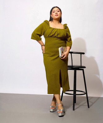 SASSAFRAS Curve Women Bodycon Green Midi/Calf Length Dress