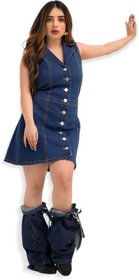 DAYER Women Fit and Flare Dark Blue Above Knee/Mid Thigh Length Dress