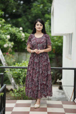 Divine India Women Gathered Purple Ankle Length Dress